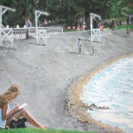 Coeur d’Alene beach with girl studying-Canvas print