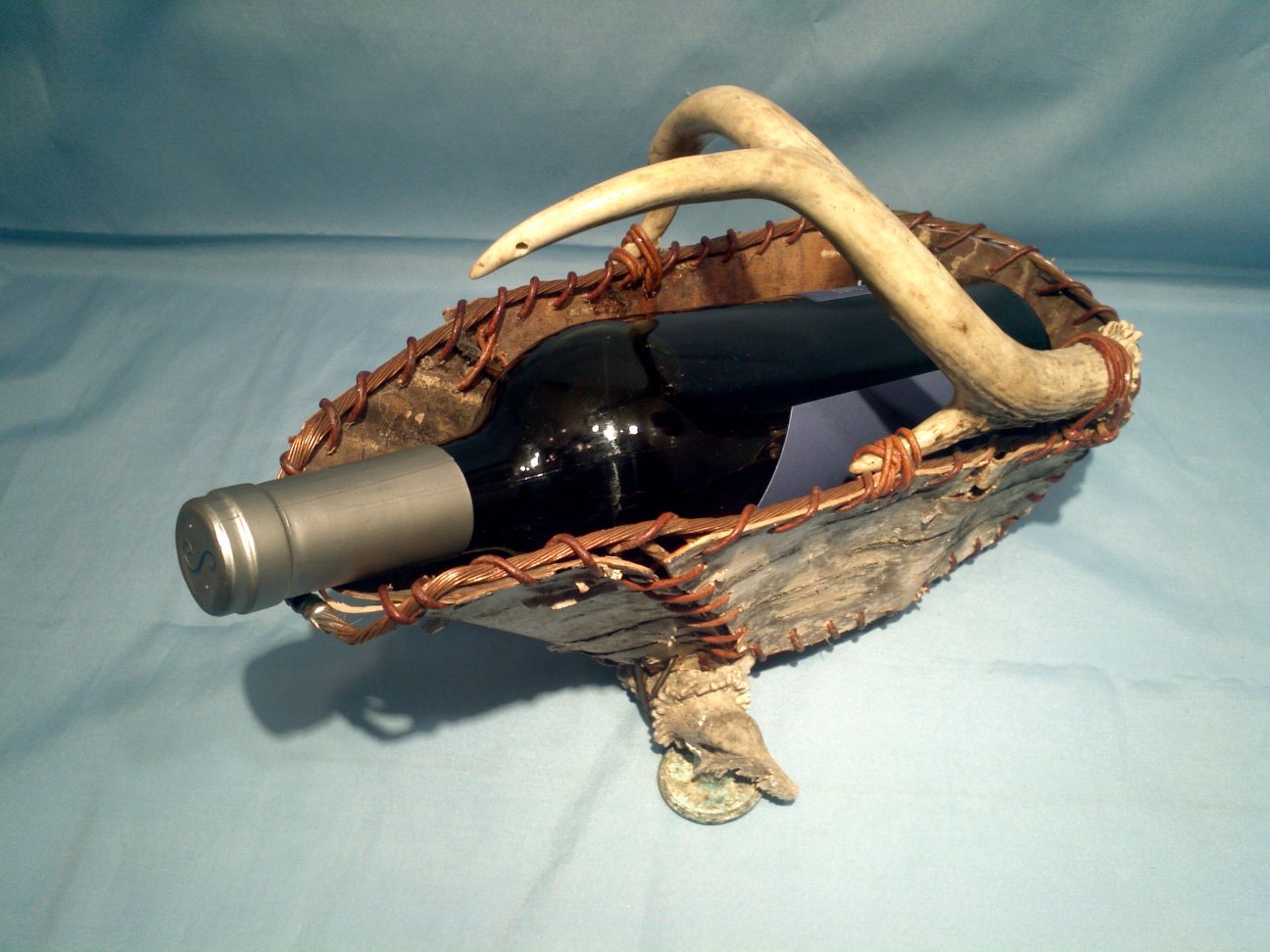 Wine basket with bark, antler and copper wine basket antler bark